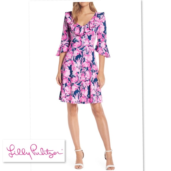 LILLY PULITZER STIRLING DRESS STYLE 001144 INKY NAVY FLAMINGLE XS RUFFLE A-LINE - Picture 2 of 14